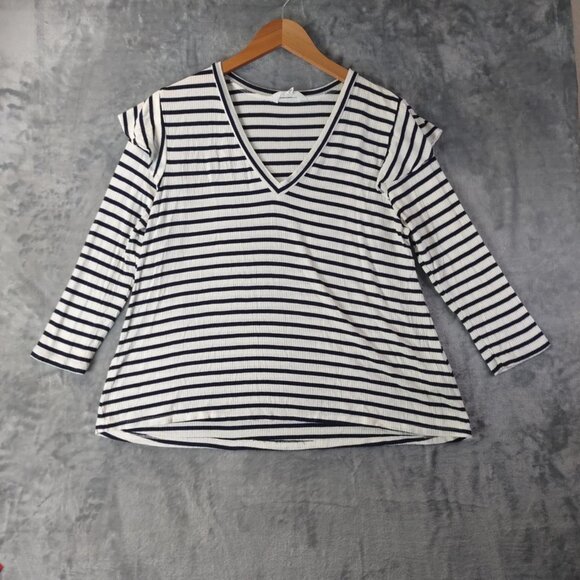 Jack by BB Dakota Women S Navy White stripes Soft rib knit Nautical V-Neck Top - Picture 1 of 10